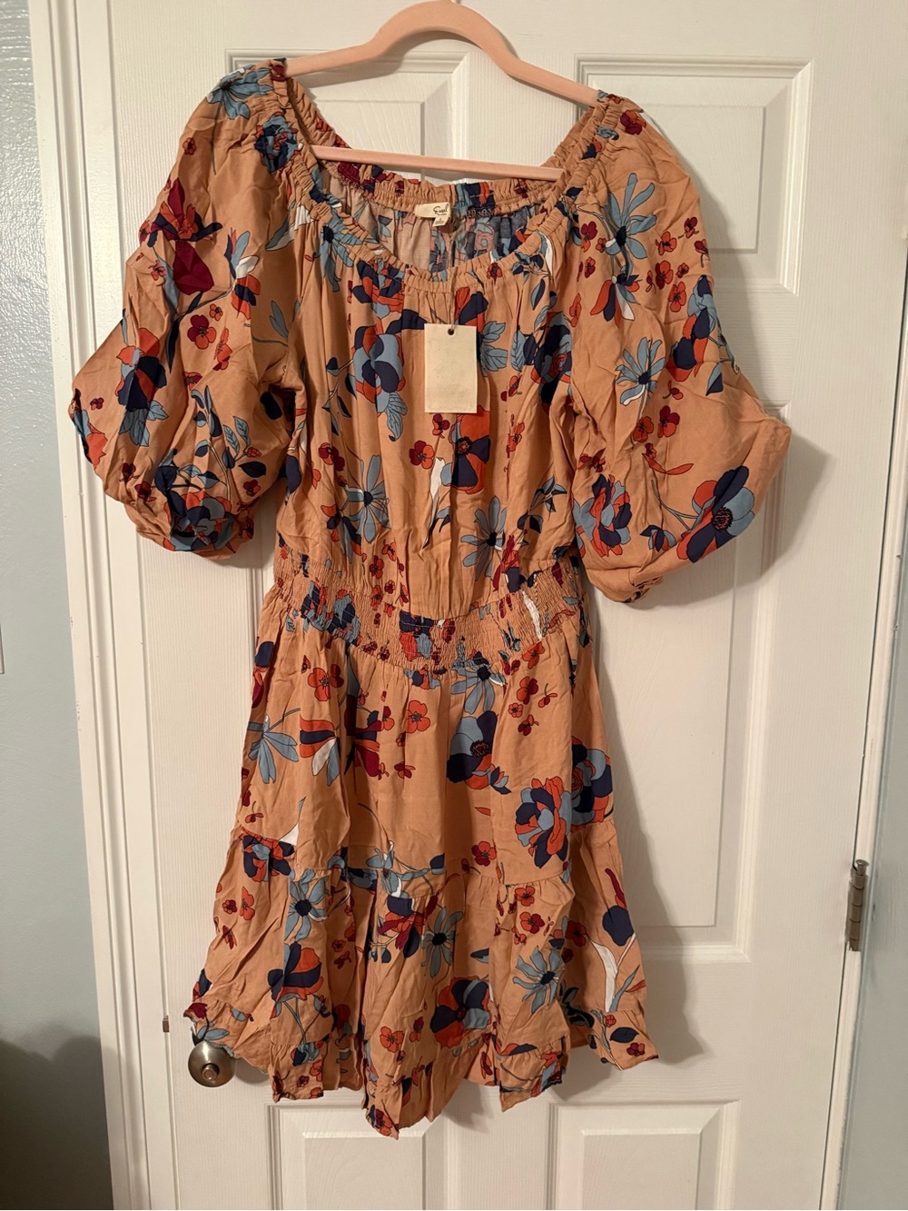 Peach Floral Off-Shoulder Puff Sleeve Dress